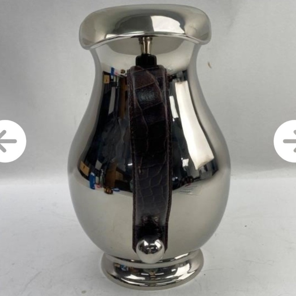 Polished Stainless Steel Pitcher Brown Faux Crocodile Leather Wrapped Handle - Picture 5 of 8